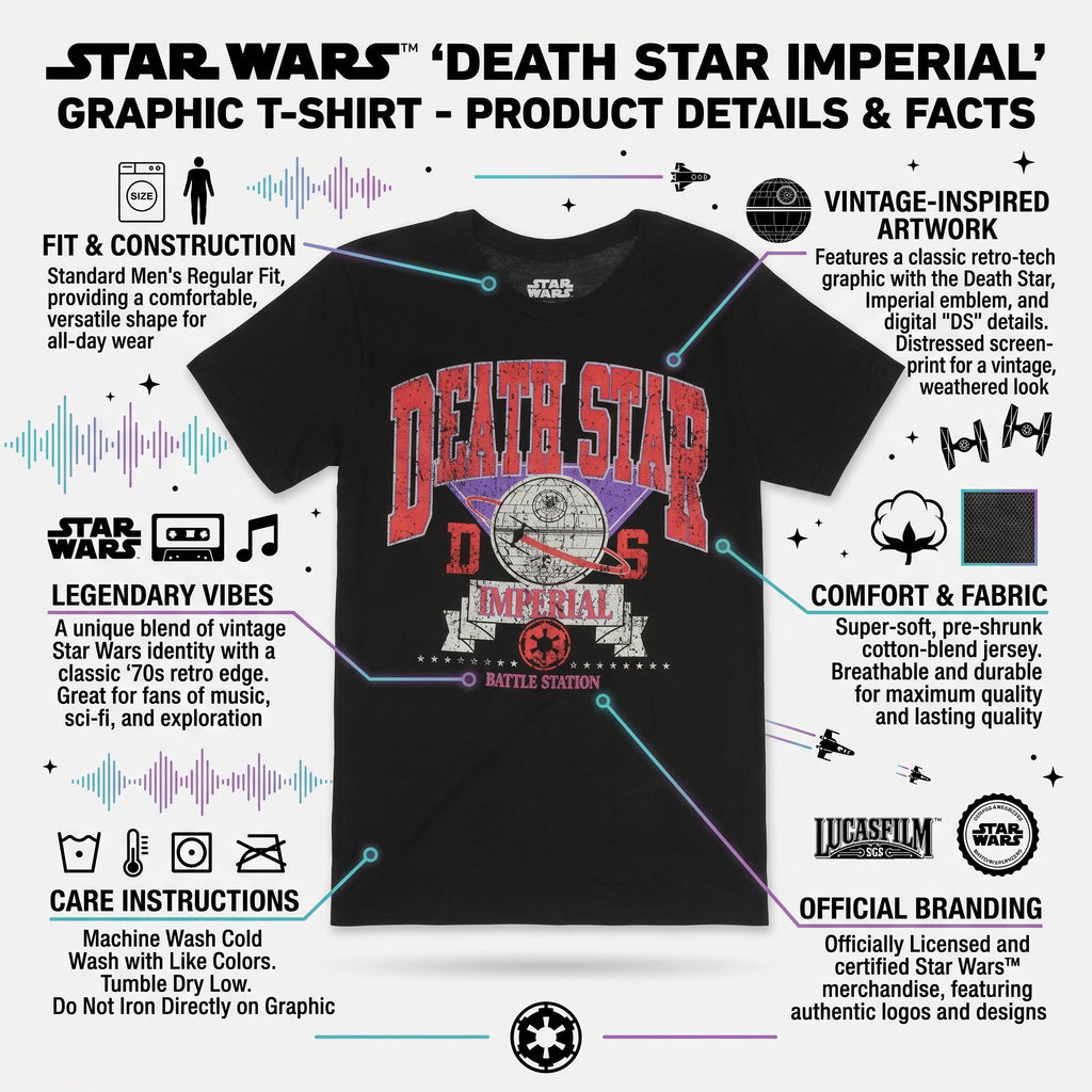 Star Wars Men's Short Sleeve T-Shirt – Death Star Collegiate Varsity Graphic Tee – Black