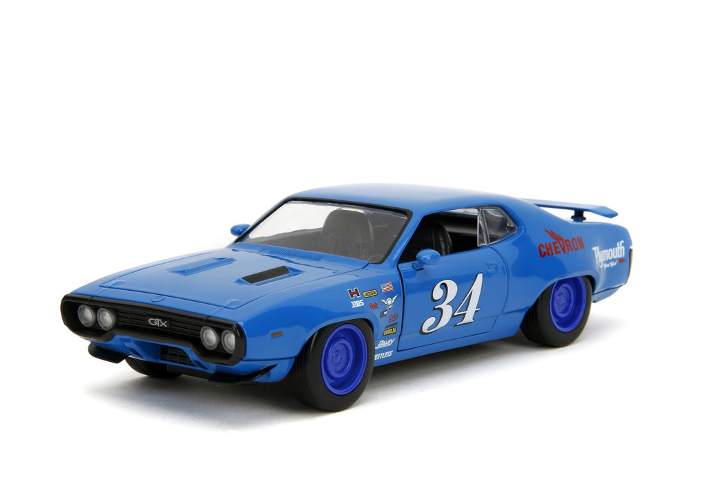 Jada Toys Bigtime Muscle 1:24 1972 Plymouth GTX – Opening Doors, Hood, Trunk, Rubber Tires(Glossy Blue)