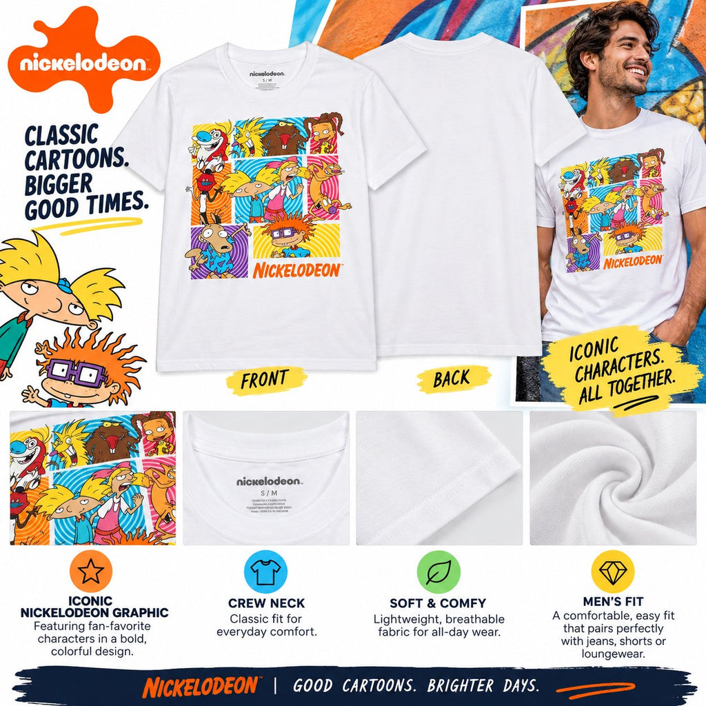 Nickelodeon Rugrats Men's Short Sleeve T-Shirt – Retro 90s Character Grid Tee – White