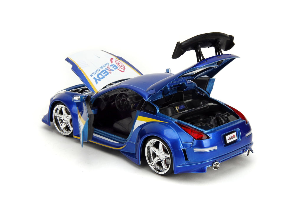 Jada Toys JDM Tuners 1:24 Scale Die-Cast 2003 Nissan 350Z Exedy– Opening Doors, Detailed Interior, Rubber Tires, Collectible for Ages 8+(Candy Blue)