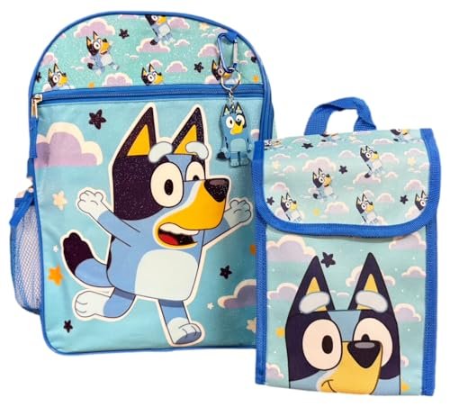 Fast Forward Bluey Backpack Personalized Bookbag and Snack Tote for Back to School with Water Bottle Rubber Dangle and Carabiner - 5pc Set