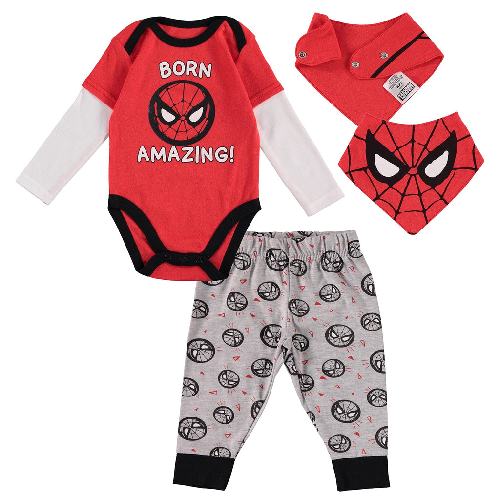 Spiderman Baby Boys Clothes 3-Piece Set with Baby Bodysuit, Pants, and Bib - Marvel Avengers Baby Boy Outfit - Baby Clothes (Red/Black/Grey, 3-6 Months)