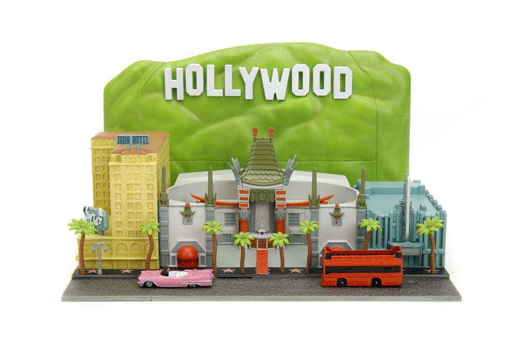 Nano Hollywood Rides Walk of Fame Diorama w/Hollywood Sign and 2 Vehicles (Double-Decker Tour Bus & 1958 Cadillac Series 62 Convertible), Toys for Kids and Adults