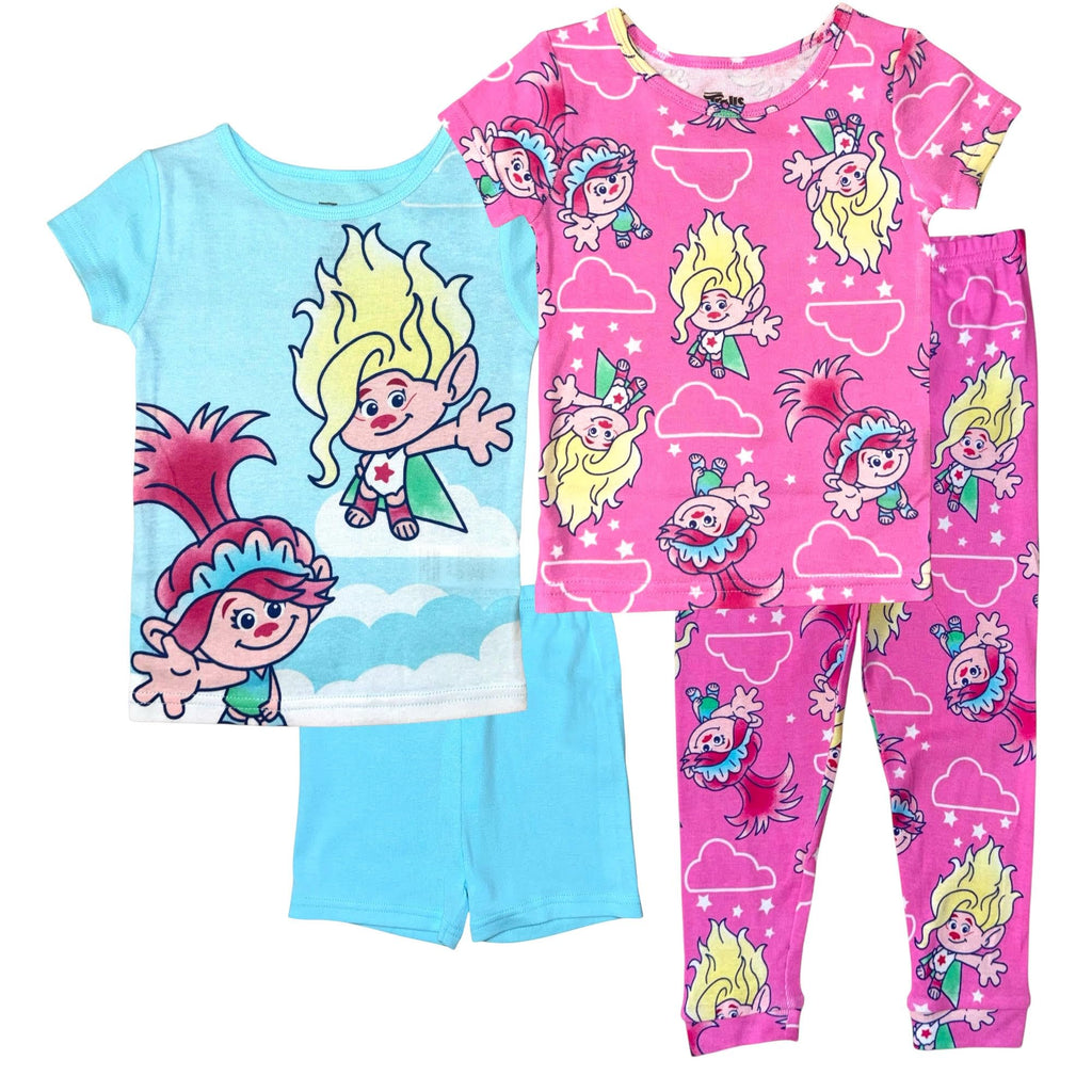 DreamWorks Trolls Girls' 4-Piece Pajama Set – Short Sleeve Tops, Shorts, and Pants – Character Sleepwear, Blue/Pink, 4T