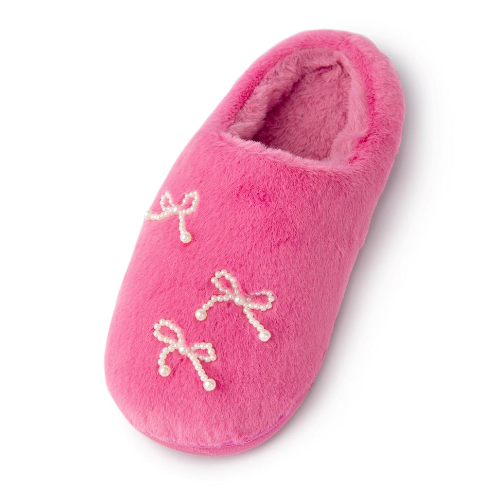 Handcraft Luna Mellow Girls Plush Clog Slippers with Pearl Bows, Pink, 5-6 Big Kid