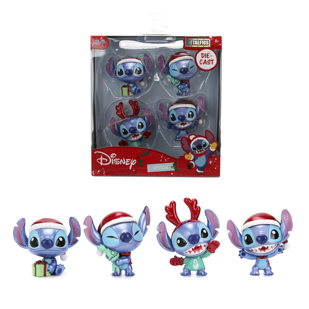 Jada Stitch Holiday Metalfigs 4-Pack – 2.5" Collectible Diecast Figures Toys – Festive Stitch Variants with Gift, Plush, Reindeer, and Santa Hat – Disney Collectors Set for Kids & Fans Ages 3+