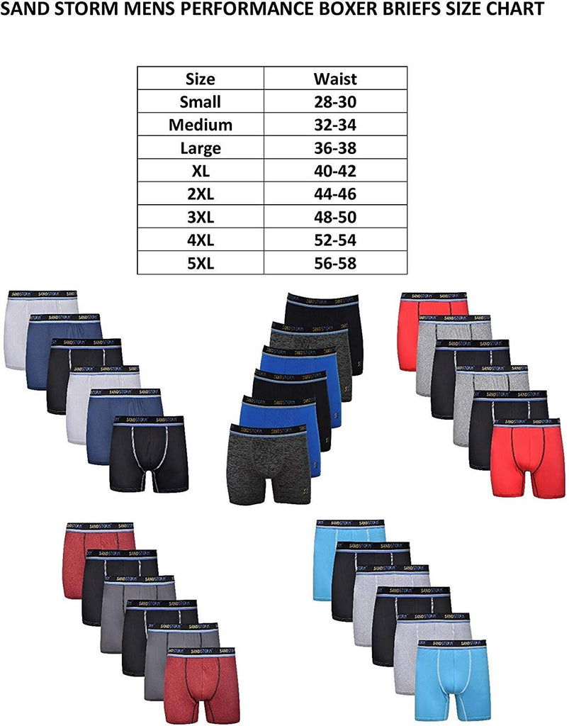 Black/Silver Heather/Polaris Sand Storm Mens Performance Boxer Briefs - 6-Pack No-Fly Tagless Breathable Underwear S-5XL Regular or Plus Size