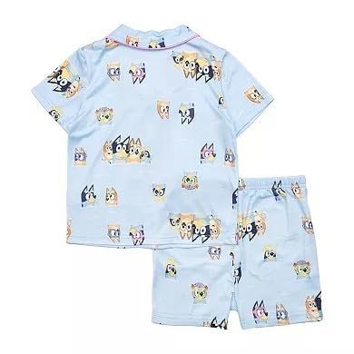 Centric Brands Bluey & Bingo Girls’ 2pc Pool Day Pajama Set – Button-Down Collar Top & Shorts – Infant & Toddler Sizes 12M–4T