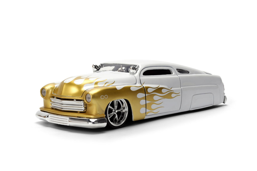 Jada Toys Bigtime Muscle 1:24 1951 Mercury Die-cast Car – Opening Doors, Hood, Trunk, Rubber Tires(White/Gold Flames)