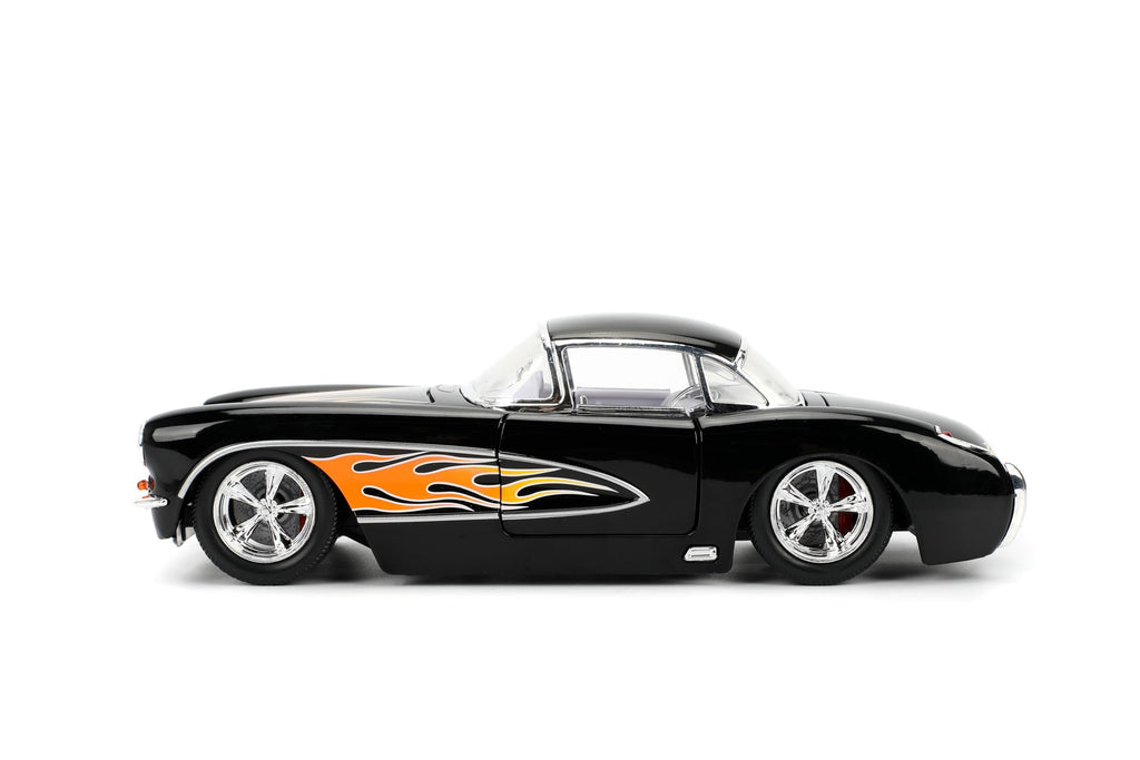 Jada Toys Bigtime Muscle 1:24 1957 Chevy Corvette Die-cast Car – Opening Doors, Hood, Trunk, Rubber Tires(Glossy Black Flames)