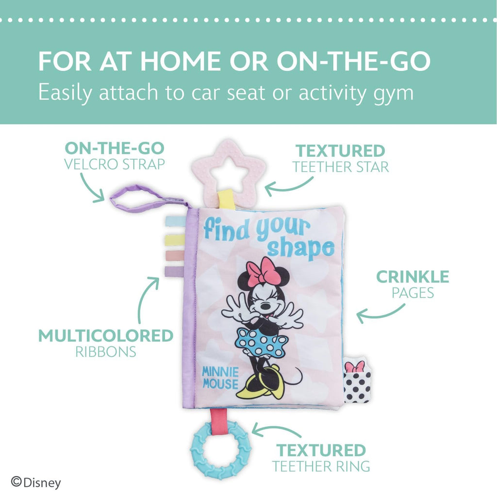 Disney Baby Minnie Mouse Find Your Shape Soft Book with Crinkle Pages, Teething Rings and On-The-Go Hook and Loop Strap for Babies and Toddlers