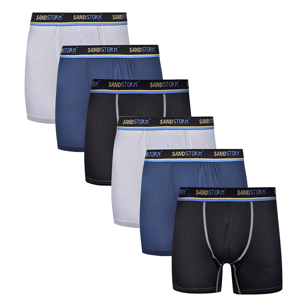 Black/Silver Heather/Polaris Sand Storm Mens Performance Boxer Briefs - 6-Pack No-Fly Tagless Breathable Underwear S-5XL Regular or Plus Size