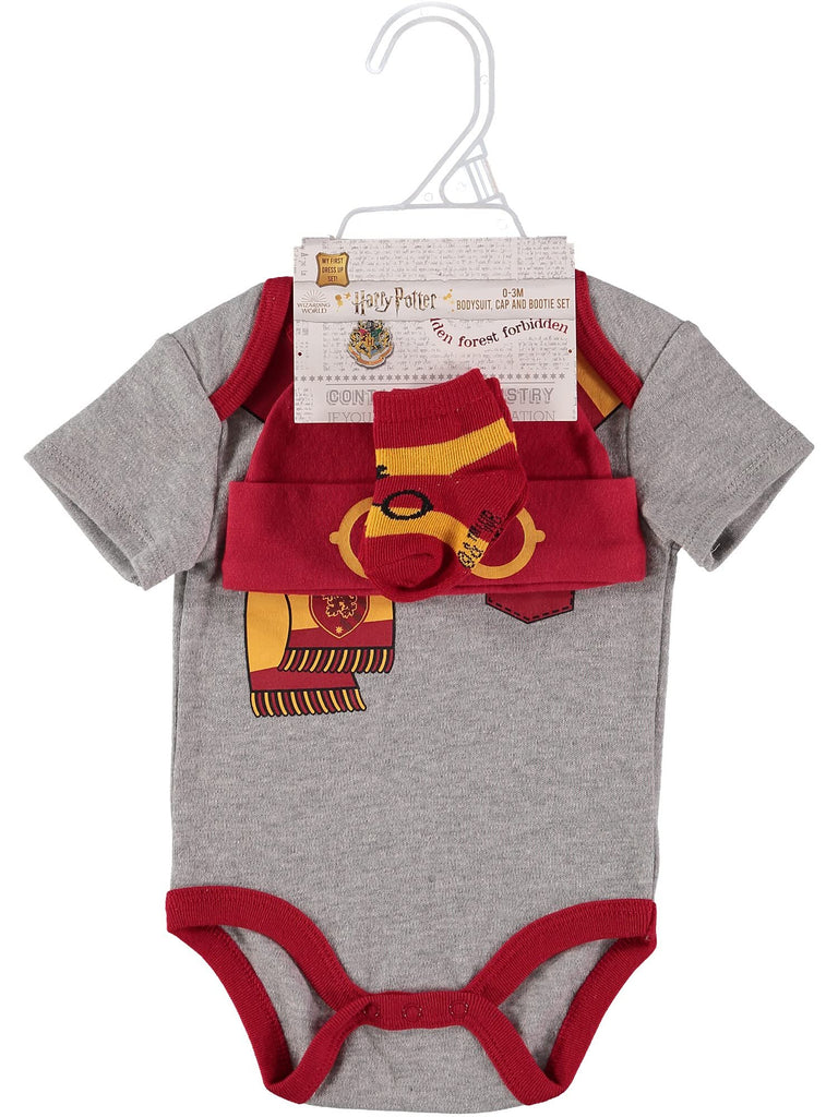 Harry Potter Baby Boys Clothing 3-Piece Set with Bodysuit, Hat, and Socks Gifts Baby Clothes (3 Pack Grey/Red/Yellow, 6-9M)