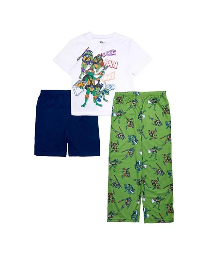 Centric Brands Teenage Mutant Ninja Turtles Boys' 3-Piece Pajama Set, Polyester, Short Sleeve Shirt, Shorts & Pants, Leo, Raph, Mikey, Donnie, Sizes 4-10