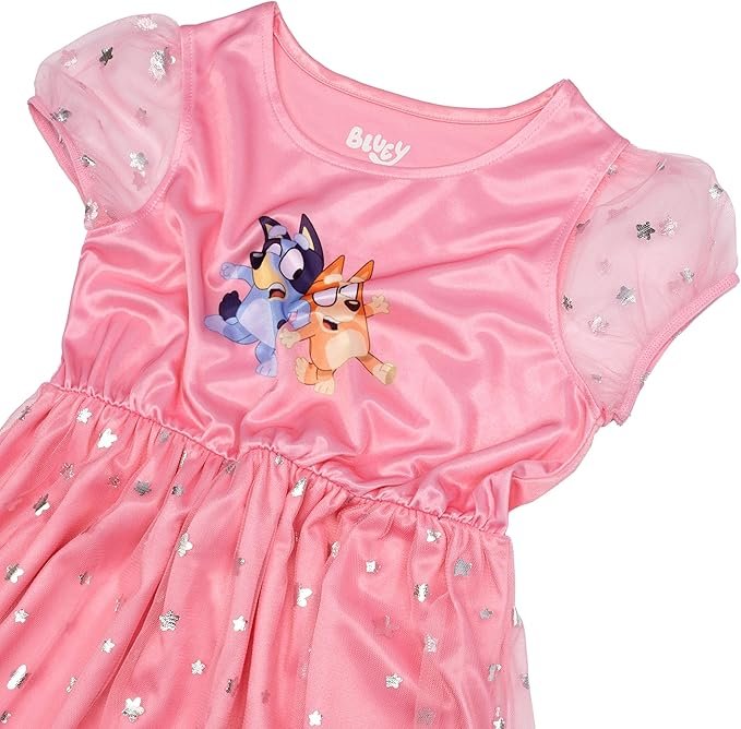 Bluey Girls’ Nightgown – Pink Short Sleeve Sleep Dress Featuring Bluey, Bingo & Friends – Sizes 2T, 3T, 4T