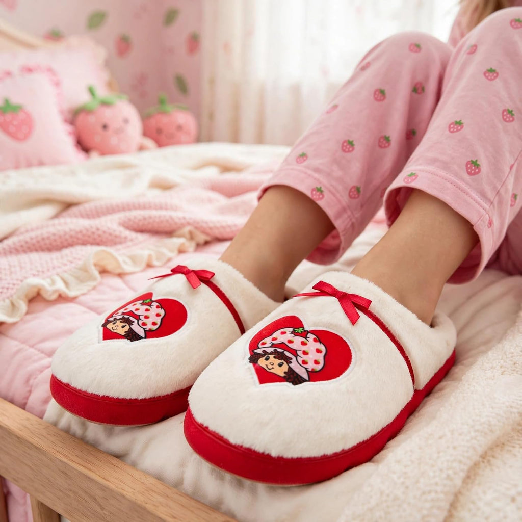 Handcraft Strawberry Shortcake Girls Plush Clog Slippers with Satin Bow and Icon, Cream, 2-3 Big Kid