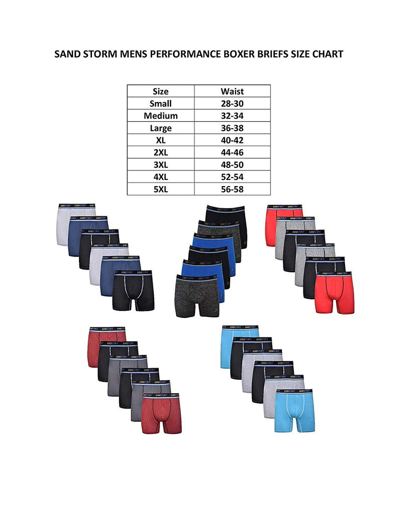 Black/Silver Heather/Polaris Sand Storm Mens Performance Boxer Briefs - 6-Pack No-Fly Tagless Breathable Underwear S-5XL Regular or Plus Size