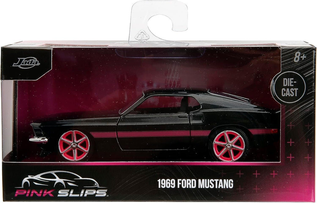 Pink Slips 1:32 W2 1969 Ford Mustang Die-Cast Car, Toys for Kids and Adults (Black/Pink Stripes)