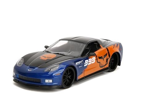 Jada Toys Bigtime Muscle 1:24 2006 Chevy Corvette Z06 Die-cast Car – Opening Doors, Hood, Trunk, Rubber Tires(Metallic Blue/Orange)