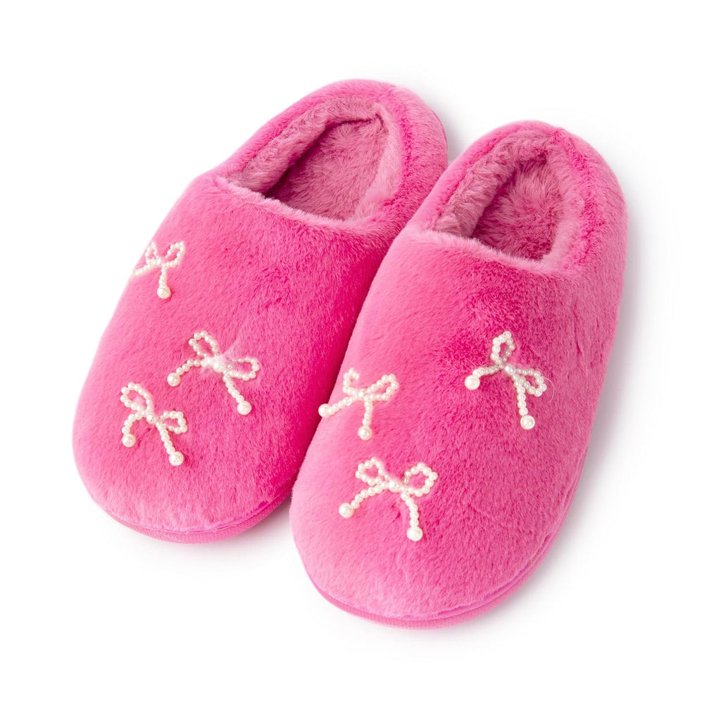 Handcraft Luna Mellow Girls Plush Clog Slippers with Pearl Bows, Pink, 5-6 Big Kid
