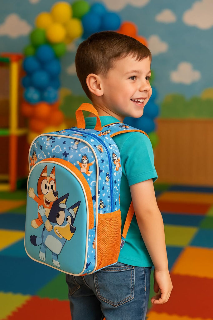 Fast Forward Bluey & Bingo 16" Backpack with 3D Character Print & Bluey Keychain – Kids School Bag with Front Pocket & Mesh Side Pockets