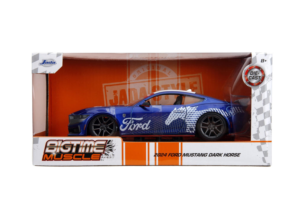 Jada 2024 Ford Mustang Dark House Candy Blue with White Top and Mustang Horse Graphics Bigtime Muscle Series 1/24 Diecast Model Car