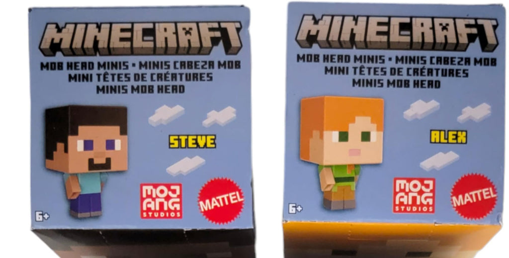 Mattel Minecraft Mob Head Minis 2022 Set of 4 Micro Figures from HHP58-956B with Alex, Steve, Enderman and Supercharged Creeper