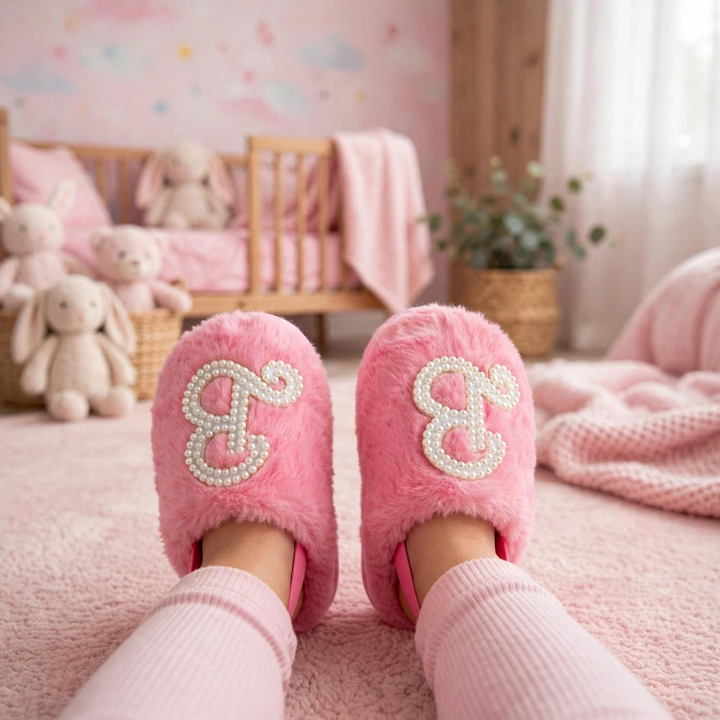 Handcraft Barbie Toddler Girls Faux Fur Clog Slippers with Pearl 'B' Logo, Pink, 9-10 Toddler