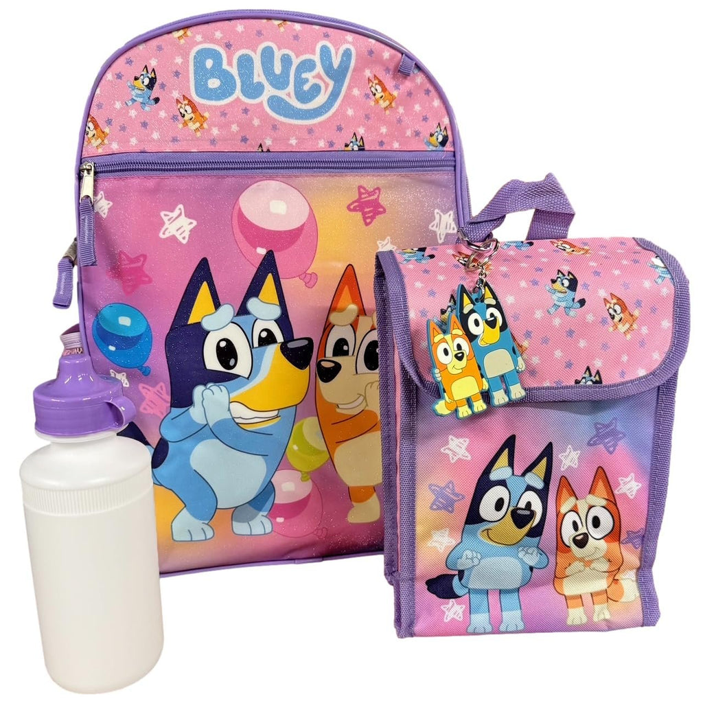Fast Forward Bluey Backpack Personalized Bookbag and Snack Tote for Back to School with Water Bottle Rubber Dangle and Carabiner - 5pc Set