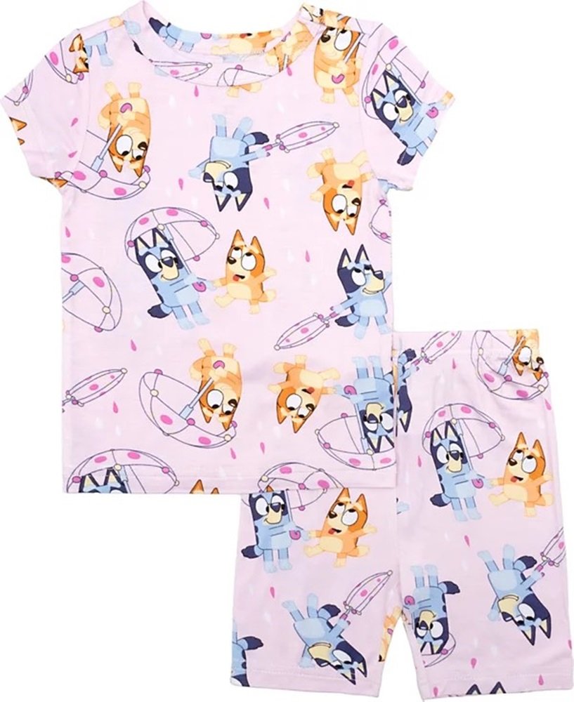 Bluey & Bingo Girls’ 2-Piece Pajama Set – Fun Rain-Themed Top & Biker Shorts – Toddler Sleepwear – Sizes 2T–4T