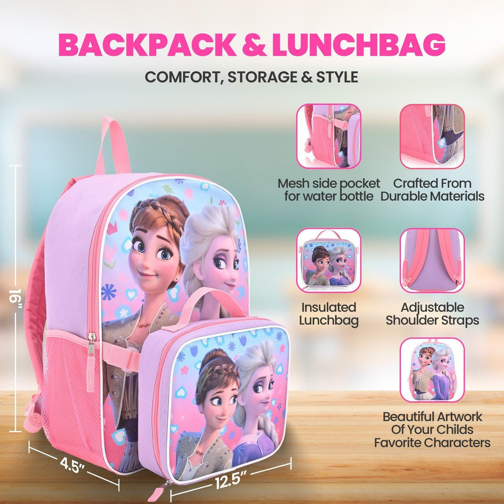 Frozen Fast Forward Disney and more 16" Backpacks With Lunch Bag - Licensed Characters Kids Schoolbag