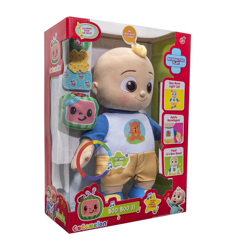 CoComelon Official Boo Boo JJ Feature Plush - Boo Boo Areas Light Up (Head, Elbow, Knee, Foot) - Help Heal JJ’s Boo Boo’s with Bandages