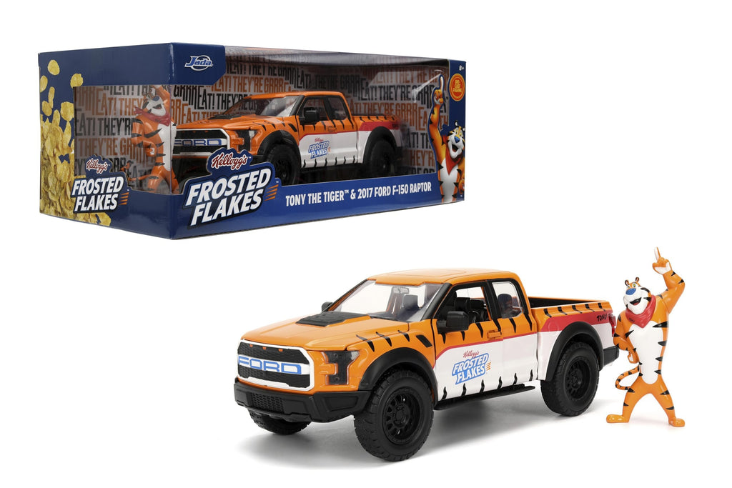 Jada 2017 Ford F150 Raptor Truck with Kellogg's Frosted Flakes Tony The Tiger Die-Cast Carwith Figure, 1:24 Collectible, Opening Doors, Rubber Tires Ages 8+ (Orange/White)
