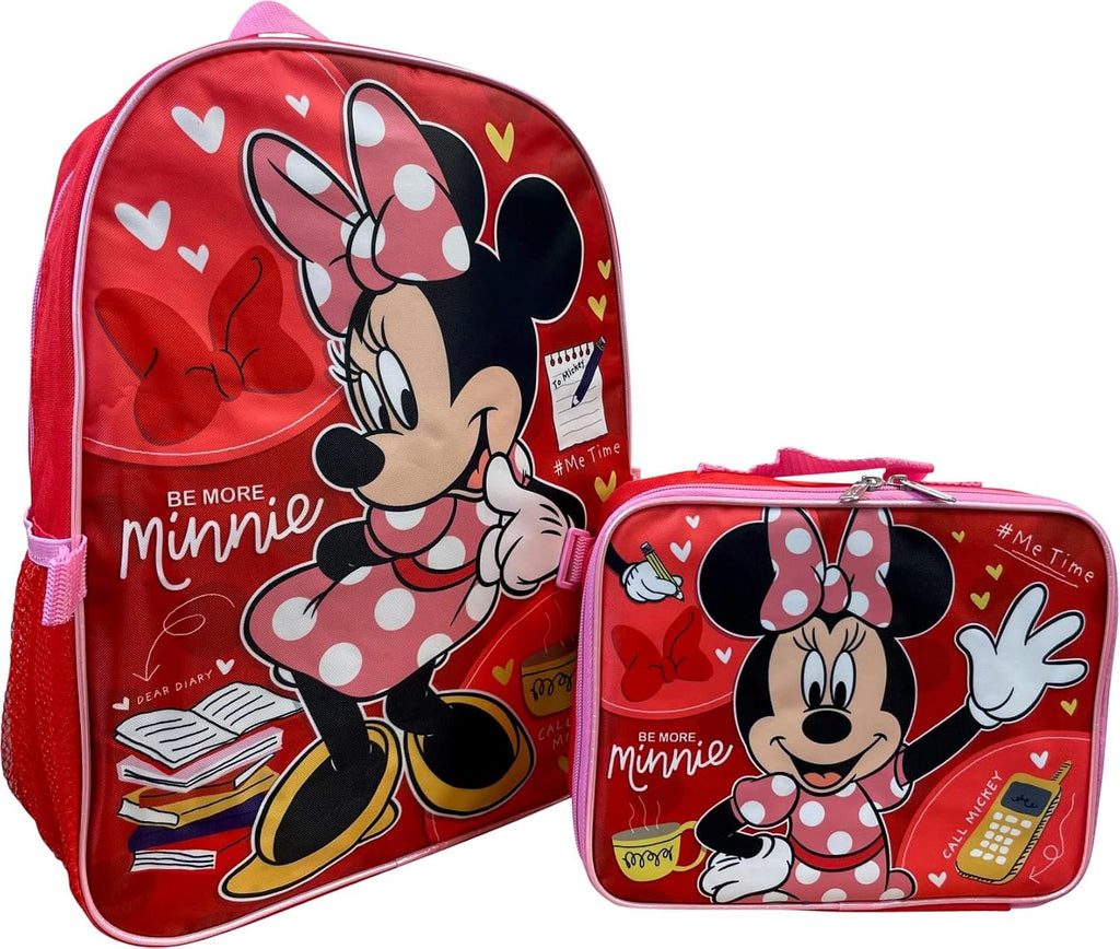 Kid's Licensed 16 Inch Backpack With Removable Lunch Box Set (Minnie Mouse Pink)