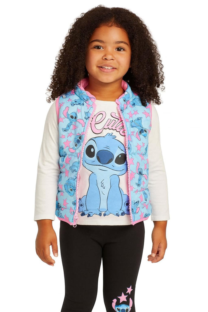 Disney Stitch Girls’ 3-Piece Outfit Set – Puffer Vest, Long Sleeve “Cutie” Top & Leggings – Toddler & Kids Clothing