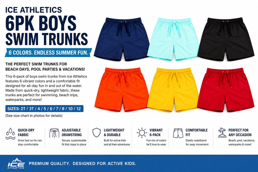Ice Athletics Boys 6-Pack Swim Trunks | Quick Dry Bathing Suits | Elastic Waist with Drawstring | Sizes 2-12