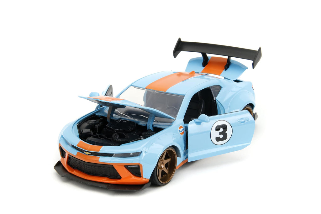 Jada Toys Big Time Muscle 1:24 2016 Chevy Camaro SS Widebody Gulf Die-Cast Car, Toys for Kids and Adults(Blue/Orange)
