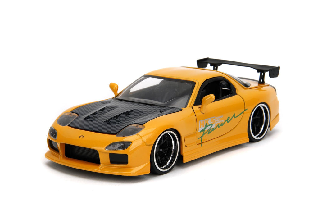 Jada Toys JDM Tuners 1:24 Scale Die-Cast 1993 Mazda RX-7 (FD) HKS, Opening Doors, Detailed Interior, Rubber Tires, Collectible for Ages 8+(Yellow Orange)