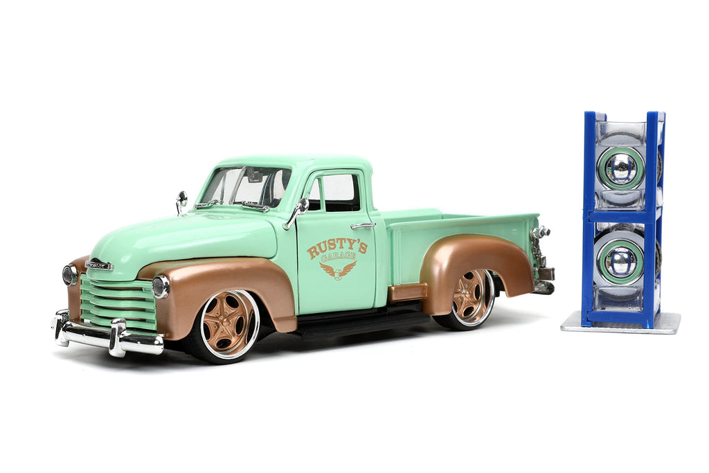 Just Trucks 1:24 1953 Chevy Pickup Rusty's Garage Die-Cast Car & Tire Rack, Toys for Kids and Adults(Light Green)