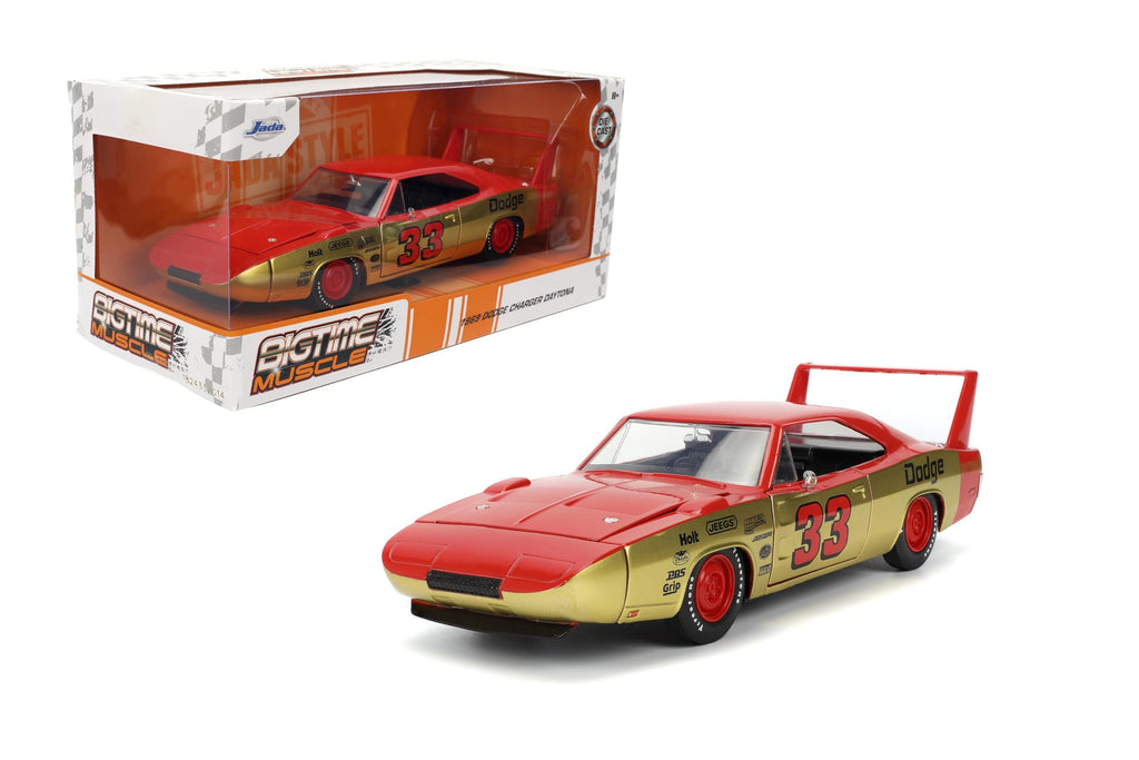 Jada Toys Bigtime Muscle 1:24 1969 Dodge Charger Die-cast Car – Opening Doors, Hood, Trunk, Rubber Tires(Red/Gold)