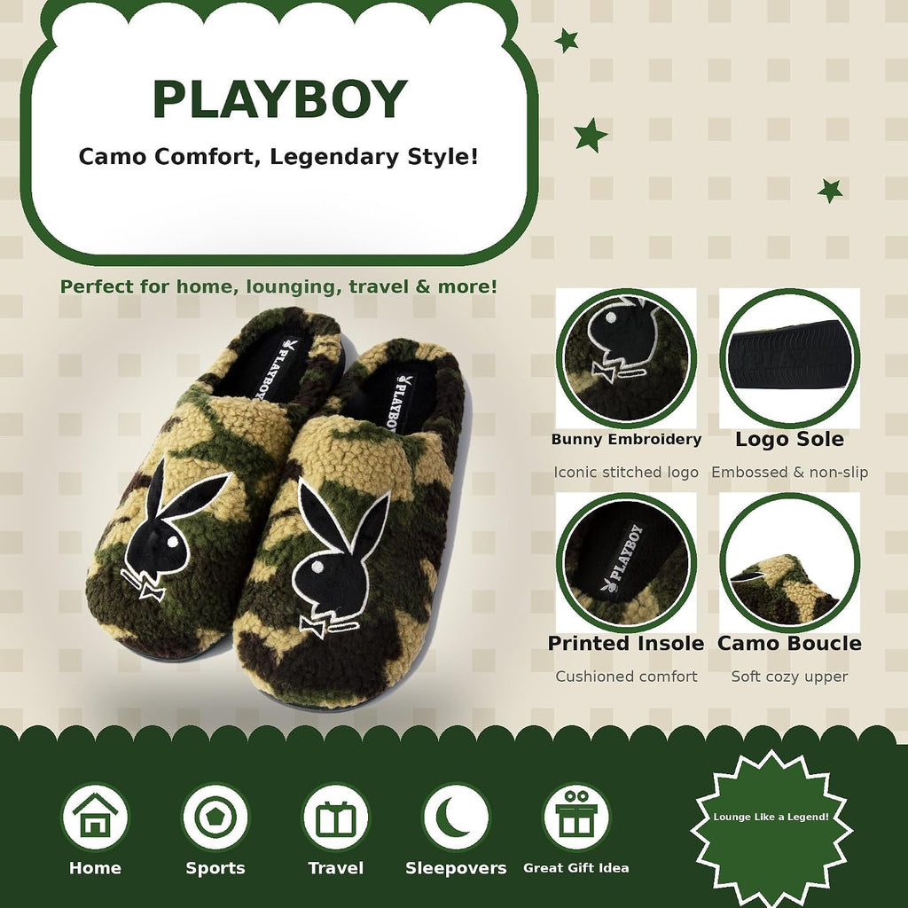 Handcraft Playboy Men's Printed Boucle Clog Slippers with Bunny Logo, Hunter Green, X-Large