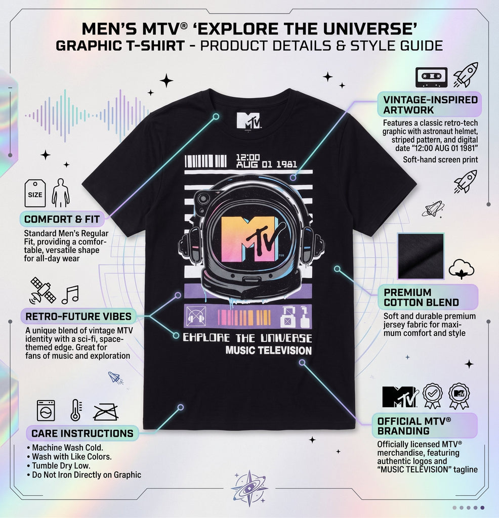 MTV Men's Short Sleeve T-Shirt – Retro TV "Explore the Universe" Graphic Tee – Black