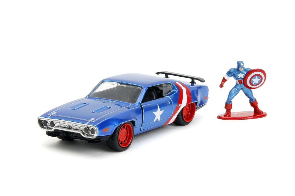 Jada 1972 Plymouth GTX Candy Blue with Red and White Stripes and Captain America Diecast Figure The Avengers Hollywood Rides Series 1/32 Diecast Model Car