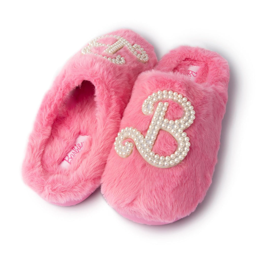 Handcraft Barbie Girls Faux Fur Clog Slippers with Pearl 'B' Logo, Pink, 7-8 Big Kid