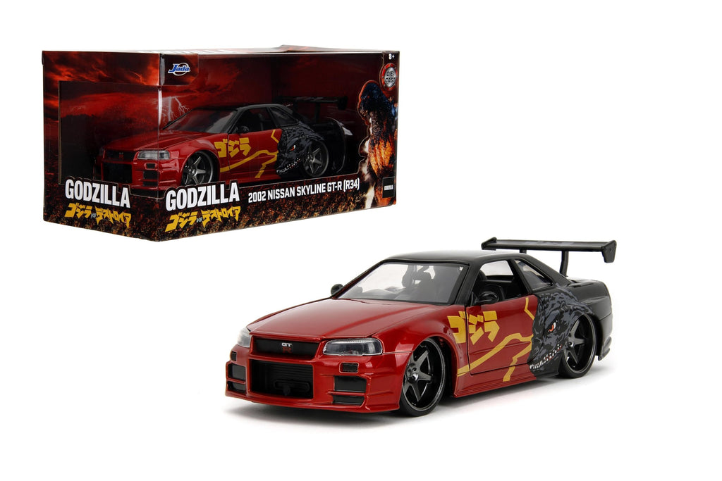 Jada Godzilla 2003 Nissan Skyline GTR R34 – 1:24 Scale Die-Cast, Opening Doors, Hood, Trunk, Rubber Tires – Collectible for Adults – Toho Licensed
