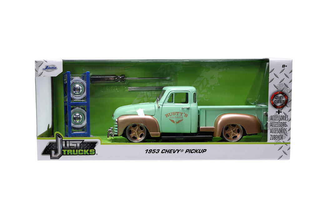 Just Trucks 1:24 1953 Chevy Pickup Rusty's Garage Die-Cast Car & Tire Rack, Toys for Kids and Adults(Light Green)