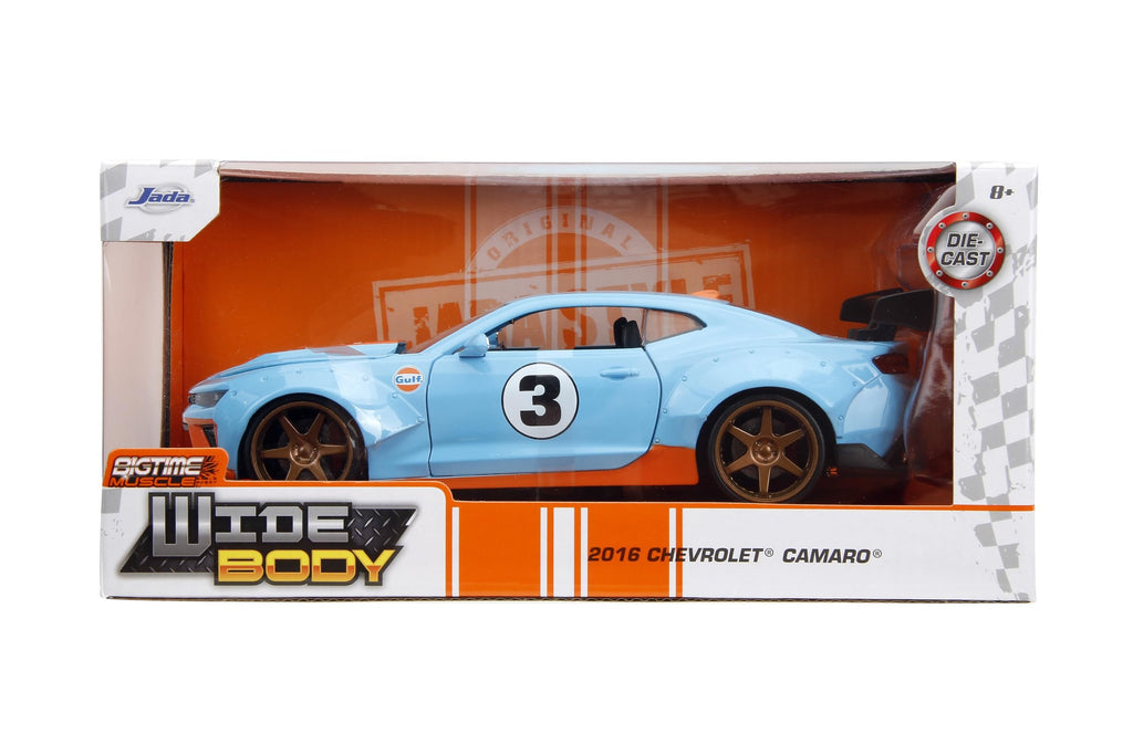 Jada Toys Big Time Muscle 1:24 2016 Chevy Camaro SS Widebody Gulf Die-Cast Car, Toys for Kids and Adults(Blue/Orange)