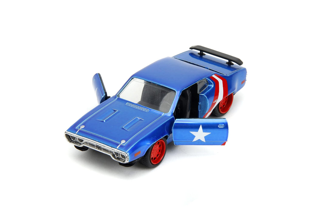 Jada 1972 Plymouth GTX Candy Blue with Red and White Stripes and Captain America Diecast Figure The Avengers Hollywood Rides Series 1/32 Diecast Model Car