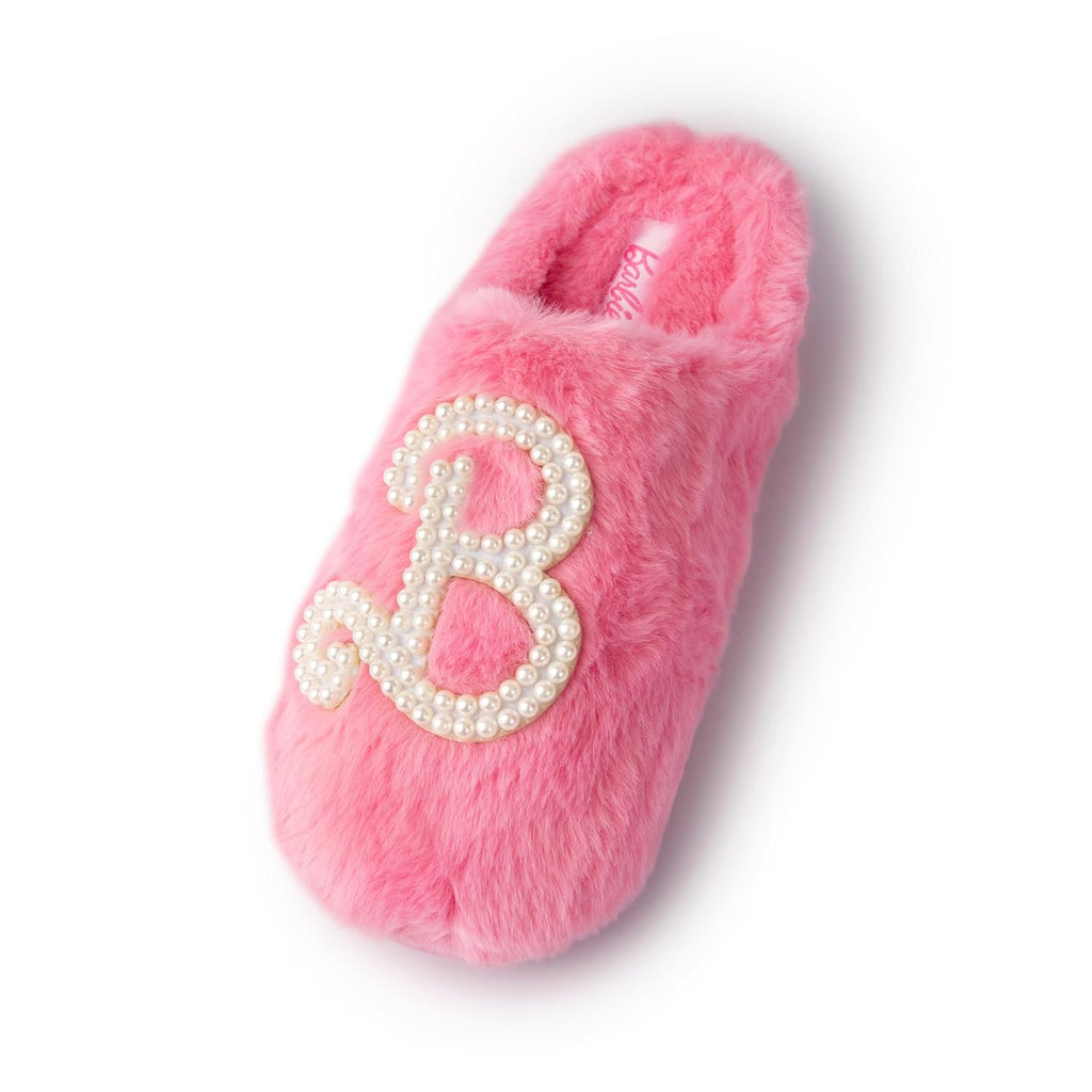 Handcraft Barbie Girls Faux Fur Clog Slippers with Pearl 'B' Logo, Pink, 4-5 Big Kid