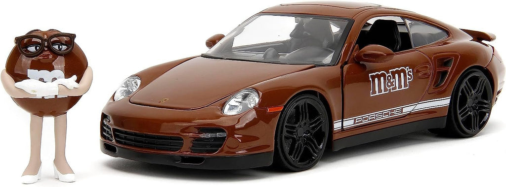 M&M's 1:24 Porsche 911 Turbo Die-Cast Car & 2.75" Brown Figure, Toys for Kids and Adults